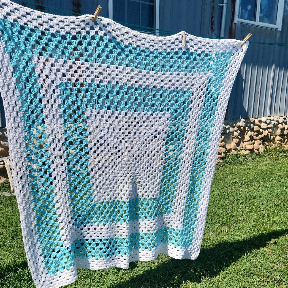Handmade Crochet Throw Robin's Egg Blue and White 60" X 60", Soft,New, Unused